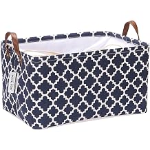 Sea Team Moroccan Lattice Large Canvas Storage Basket with Lid, Navy | Collapsible Foldable Storage Bin Organizer with Waterproof Lining for Shelf, Closet, Home Storage, 16.5 x 11.8 x 9.8 Inches