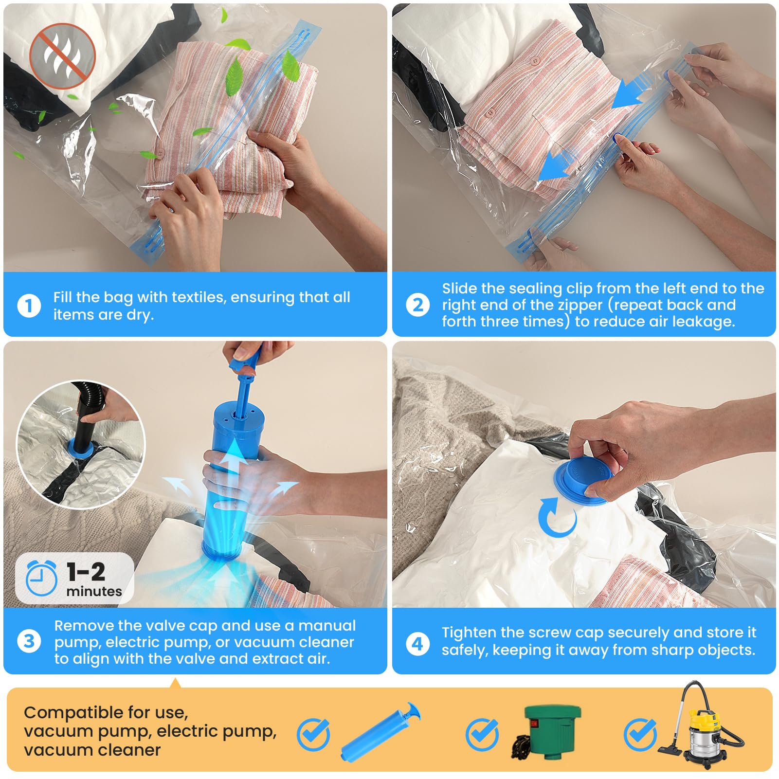 Paquete de 12 bolsas gruesas de almacenamiento al vacío medianas para ropa con bomba de mano, bolsas selladas al vacío para ropa, edredones y mantas