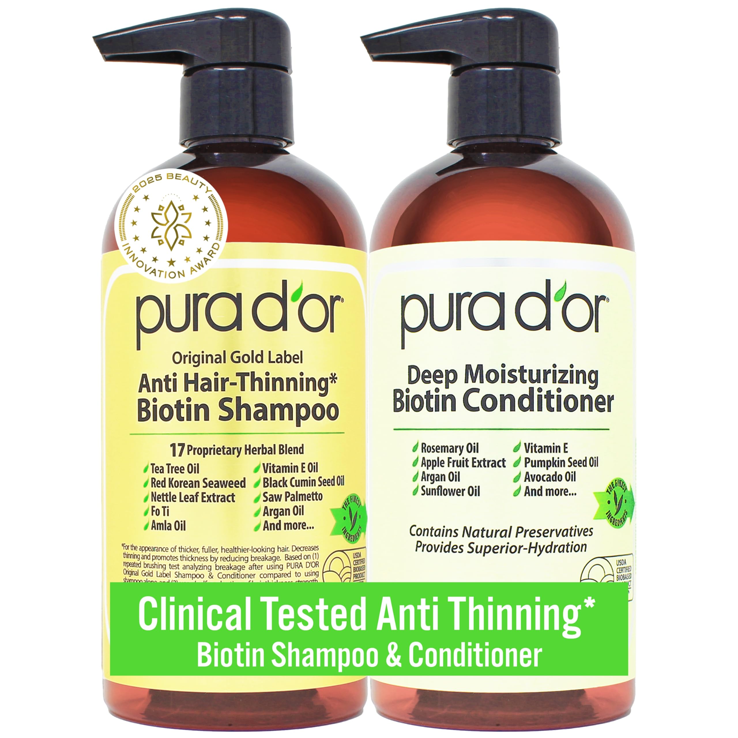 PURA D'OR Anti-Thinning Biotin Shampoo & Conditioner Gold Label Set (16oz x2) Natural Botanical Scent – CLINICALLY TESTED Stronger-Feeling, Thicker-Looking Hair, Volume & Less Breakage – Men & Women