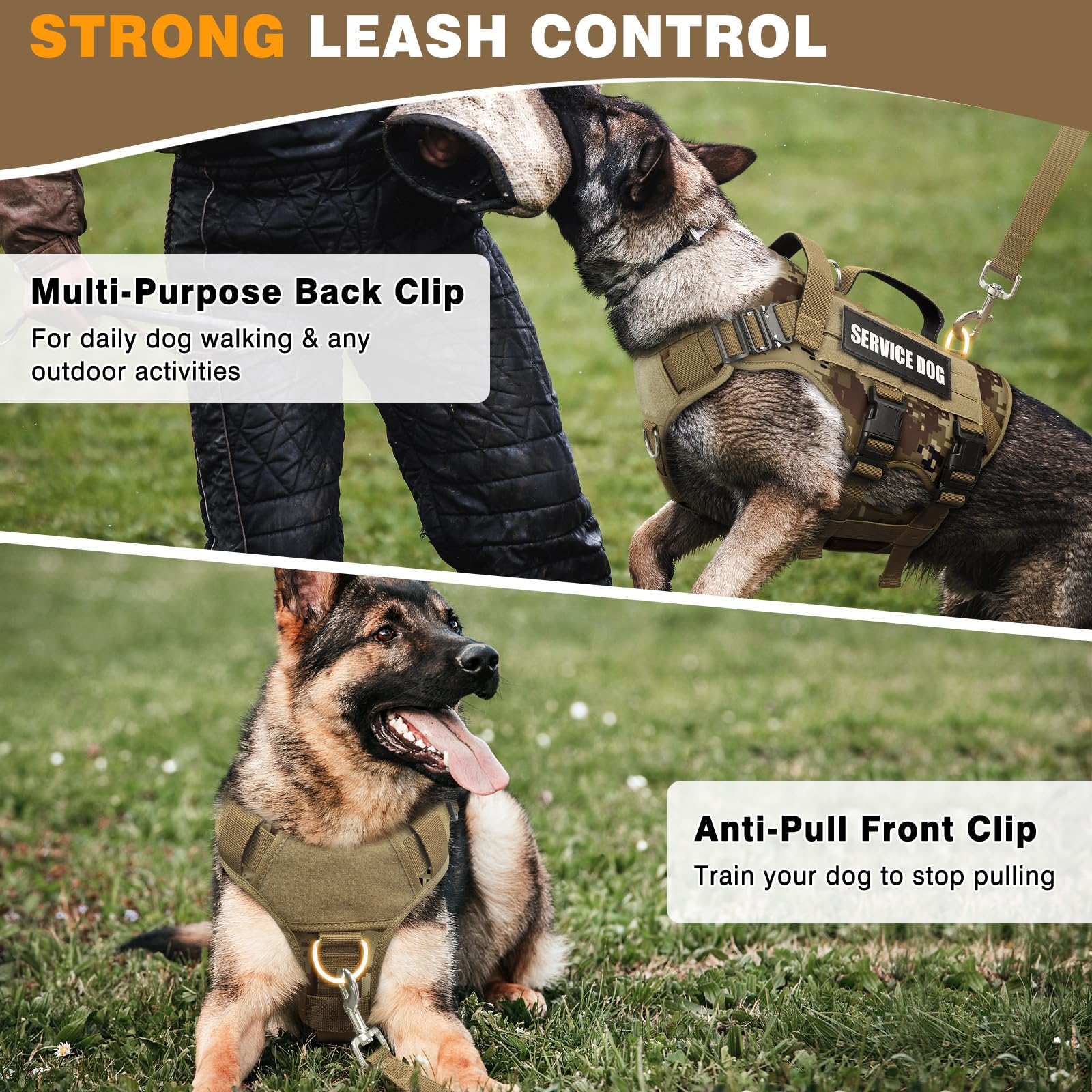 WINSEE Arnés táctico para Perro con Correa para Perro, Chaleco MOLLE de Trabajo de Servicio con 10 Parches para Mascotas, arnés Militar sin tirones y Mochila para Entrenamiento, Caza y Caminata