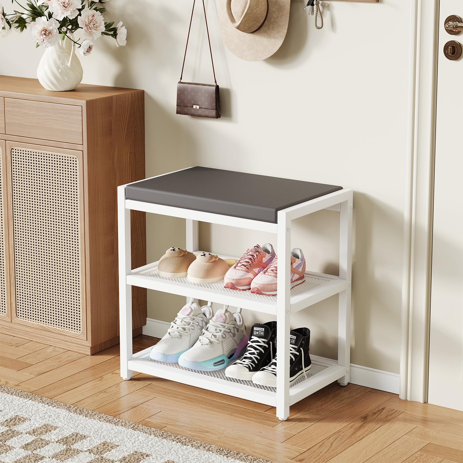 Banc à Chaussures Rembourré, Banc de Rangement, Blanc 45 x 30 x 43 cm
