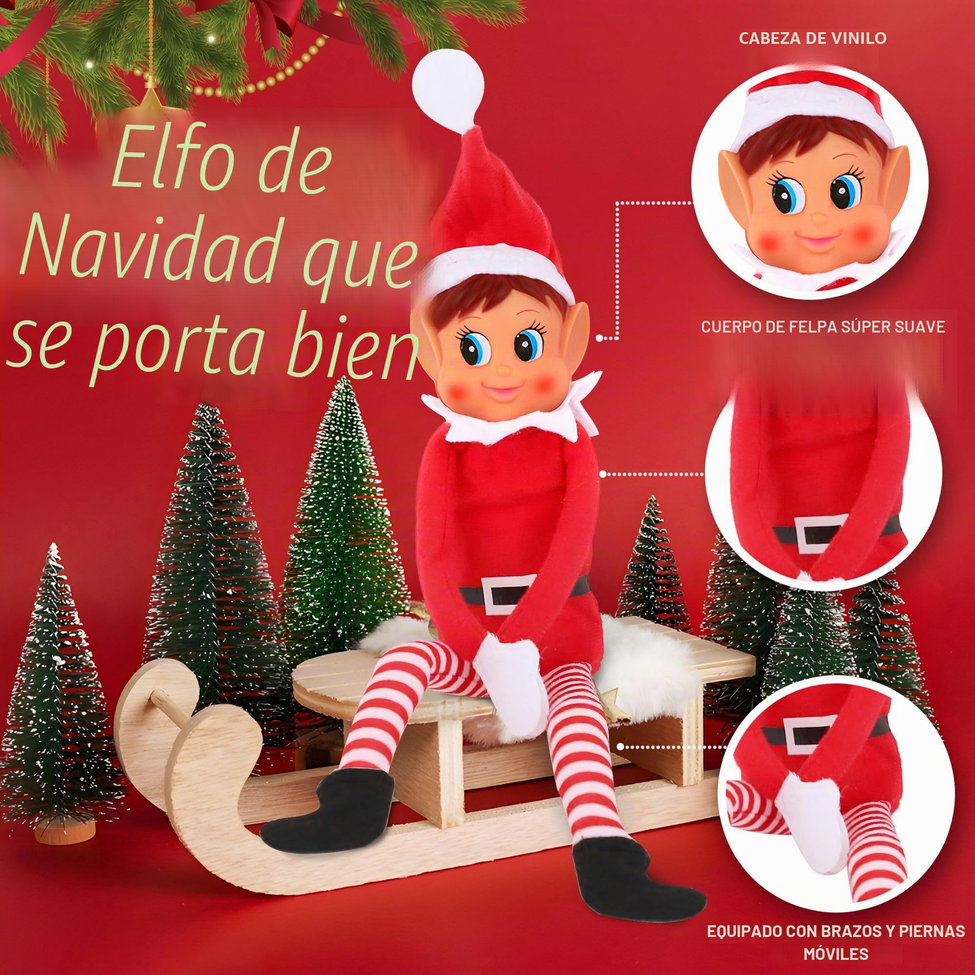 Encantadora niña elfa roja de Cuerpo Largo con Cara de Vinilo con Sombrero - 30 cm (1 Unidad) - Juguete de Peluche decoración navideña y Regalo