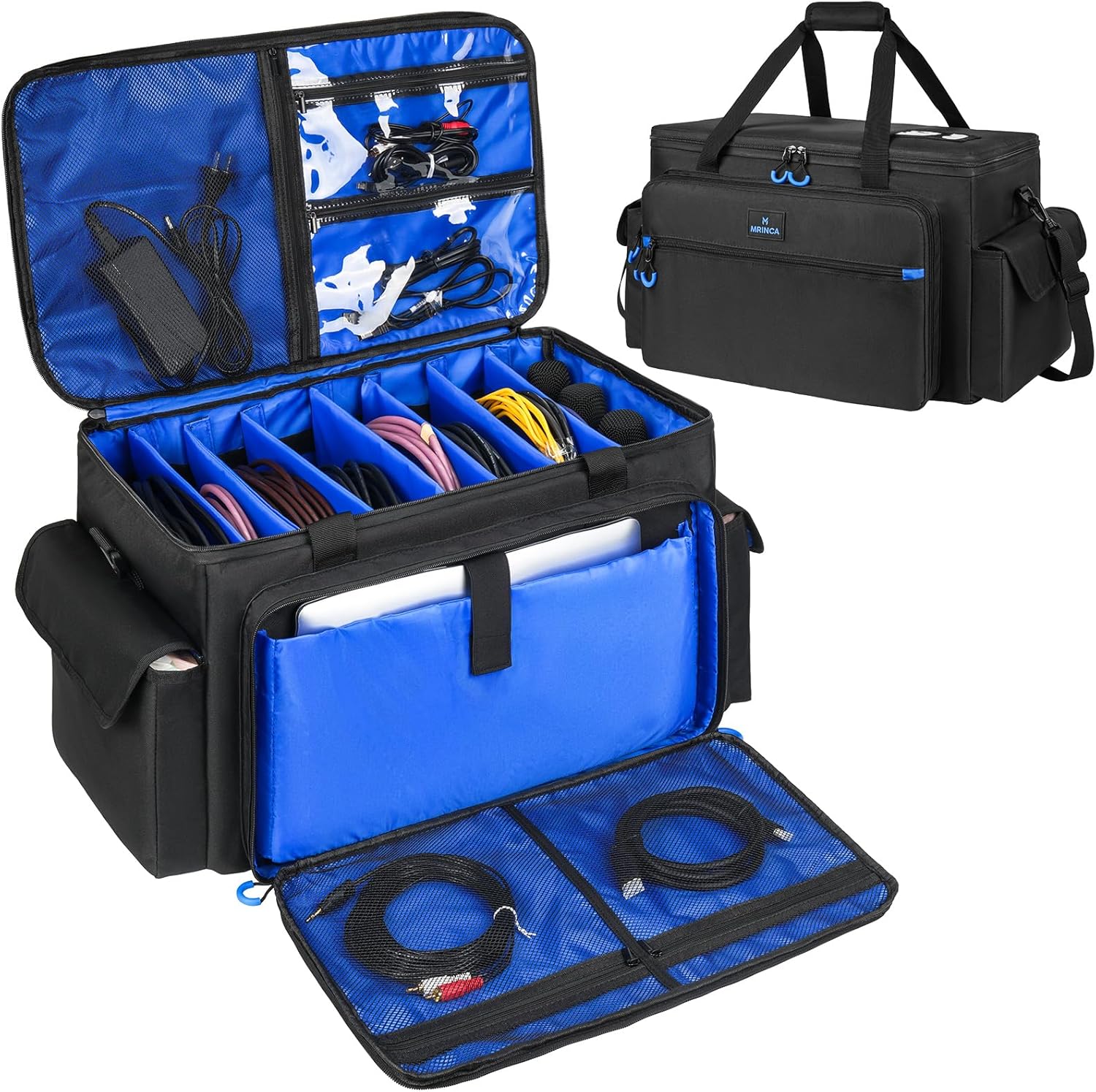 Large DJ Cable Bag with 16" Laptop Compartment & Mic Pockets, Professional DJ Equipment & Accessories Organizer Bag with 7 Adjustable Dividers, DJ Gig Bags for Musicians, Travel, Hard Bottom, Blue