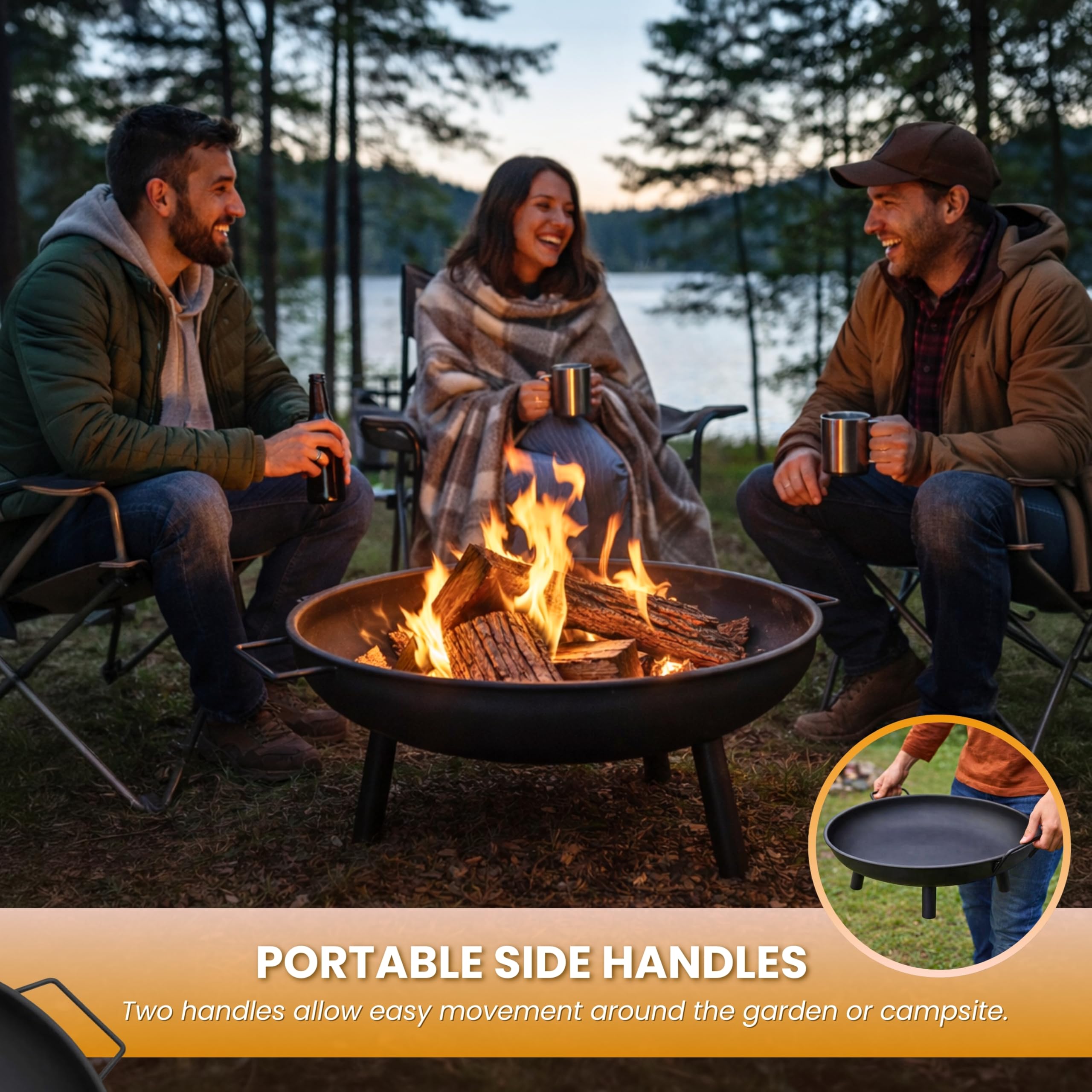 Garden Mile Outdoor Fire Pit Bowl 58cm Large Round Steel Garden Fire Pit with Handles Portable Wood Burning Fire Bowl with 3 Legs Heat Resistant Powder Coated Firepit for Patio, Camping, Bonfire — view 7