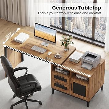 COSTWAY 180cm Large Computer Desk, Wooden Executive Desk Writing Workstation with Open Compartments, Storage Drawers & Single-Door Cabinet, Farmhouse Style PC Laptop Table Gaming Desk for Home Office