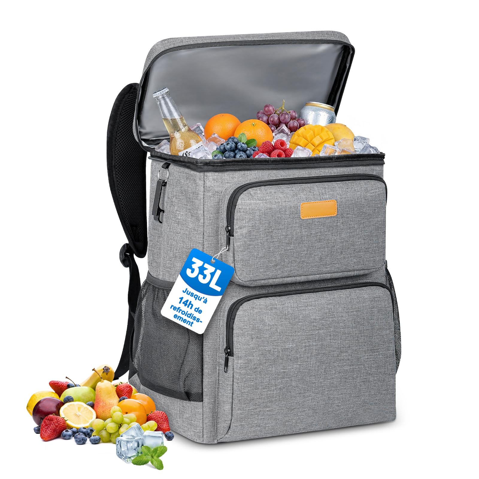 Sac à Dos Isotherme Étanche et Souple Grande Capacité de 33 L Sac à Dos de Pique-Nique avec Multiples Poches et Un Décapsuleur Sac à Dos Glacière Portable pour Famille Repas Camping Plage Travail