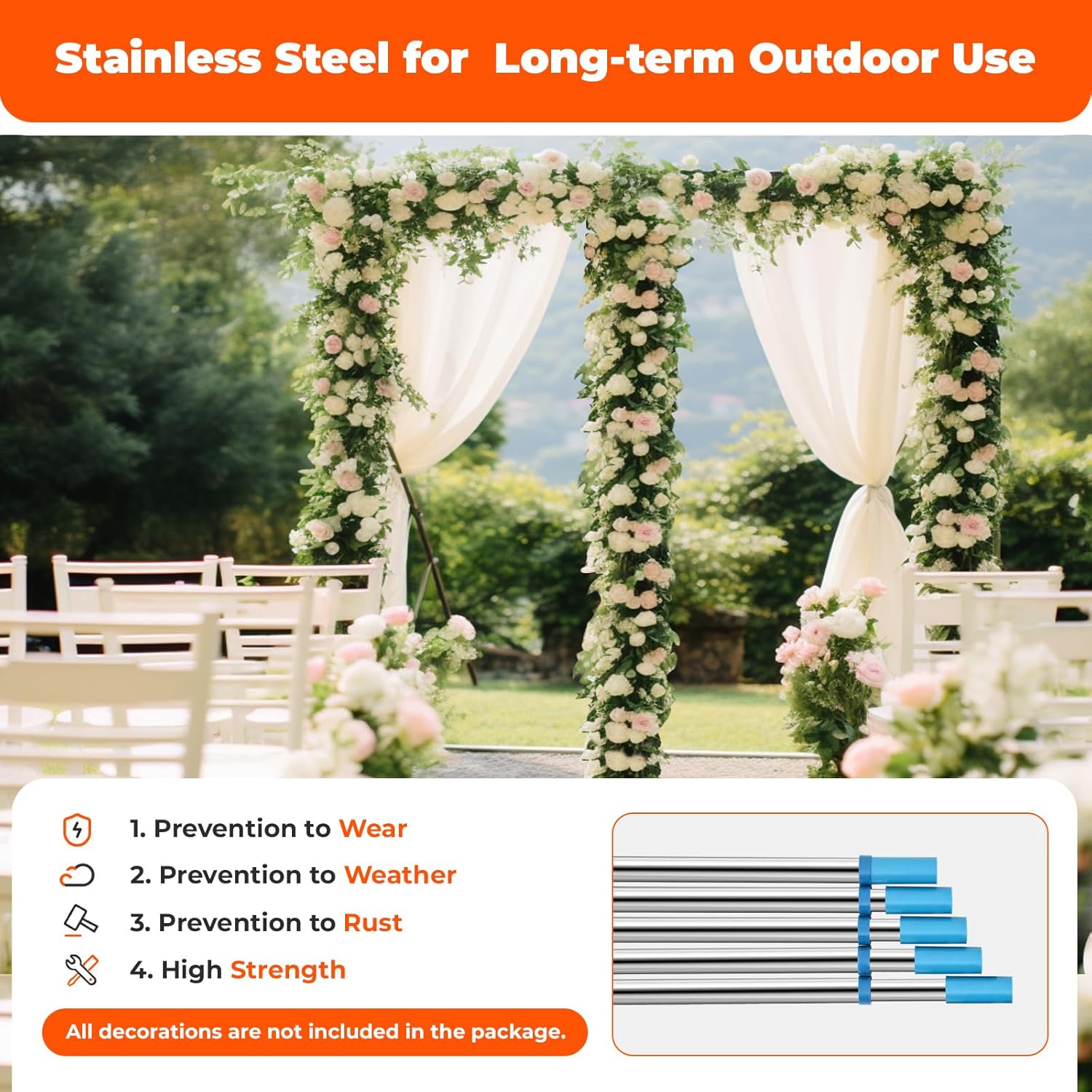 Close-up of the stainless steel arch stand, highlighting its durability and resistance to wear, weather, and rust.