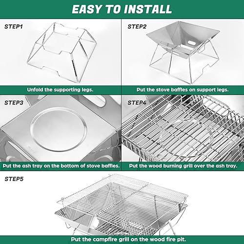 Miniatura 5 de Odoland Parrilla plegable para fogata, parrilla de acero inoxidable 304, parrilla de camping portátil con patas para picnic, mochilero, al aire