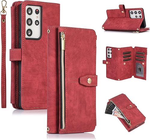 Miniatura 199 de UEEBAI Funda para Samsung Galaxy S21 FE 5G, 9 ranuras para tarjetas, cartera de cuero retro a prueba de golpes, con correa de mano, ranuras