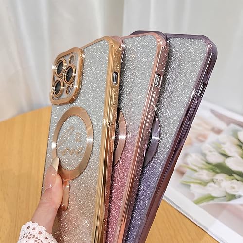 Miniatura 5 de Fiyart - Funda transparente magnética con purpurina para iPhone 12 Pro Max para mujeres, con grabado "Love" metálico, protección para cámara y