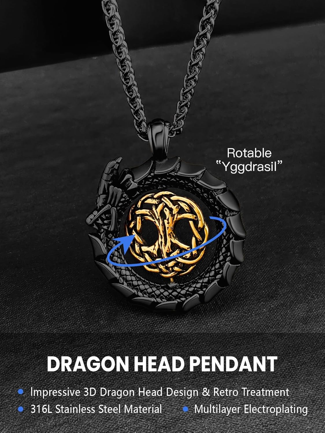 Dragon Necklace 18K Gold Plated/Black Metal/Stainless Steel Norse Tree of life Talisman Viking Dragon Pendant Necklace Lucky Amulet, Retro Yggdrasil Viking Jewelry Gift for Men and Women with Gift Box - Image 3