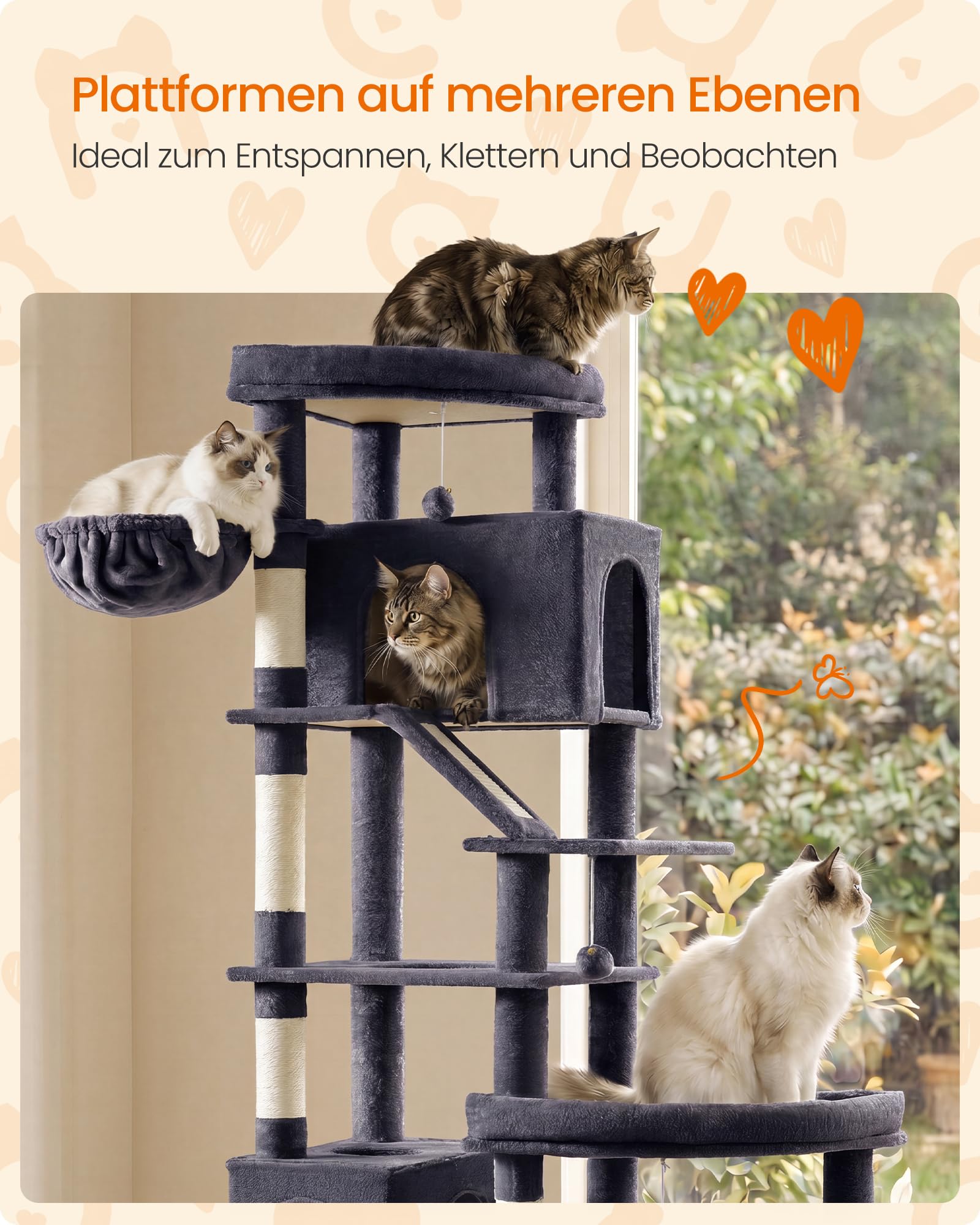Feandrea Kratzbaum groß, Katzenbaum XXL, 6 Sisalstämme und Plüsch, 2 Kratzbretter, 6 Ruhebereiche, 105 x 45 x 202 cm, Dunkelgrau, für Große Katzen, Clawfy Kollektion PCT020G201