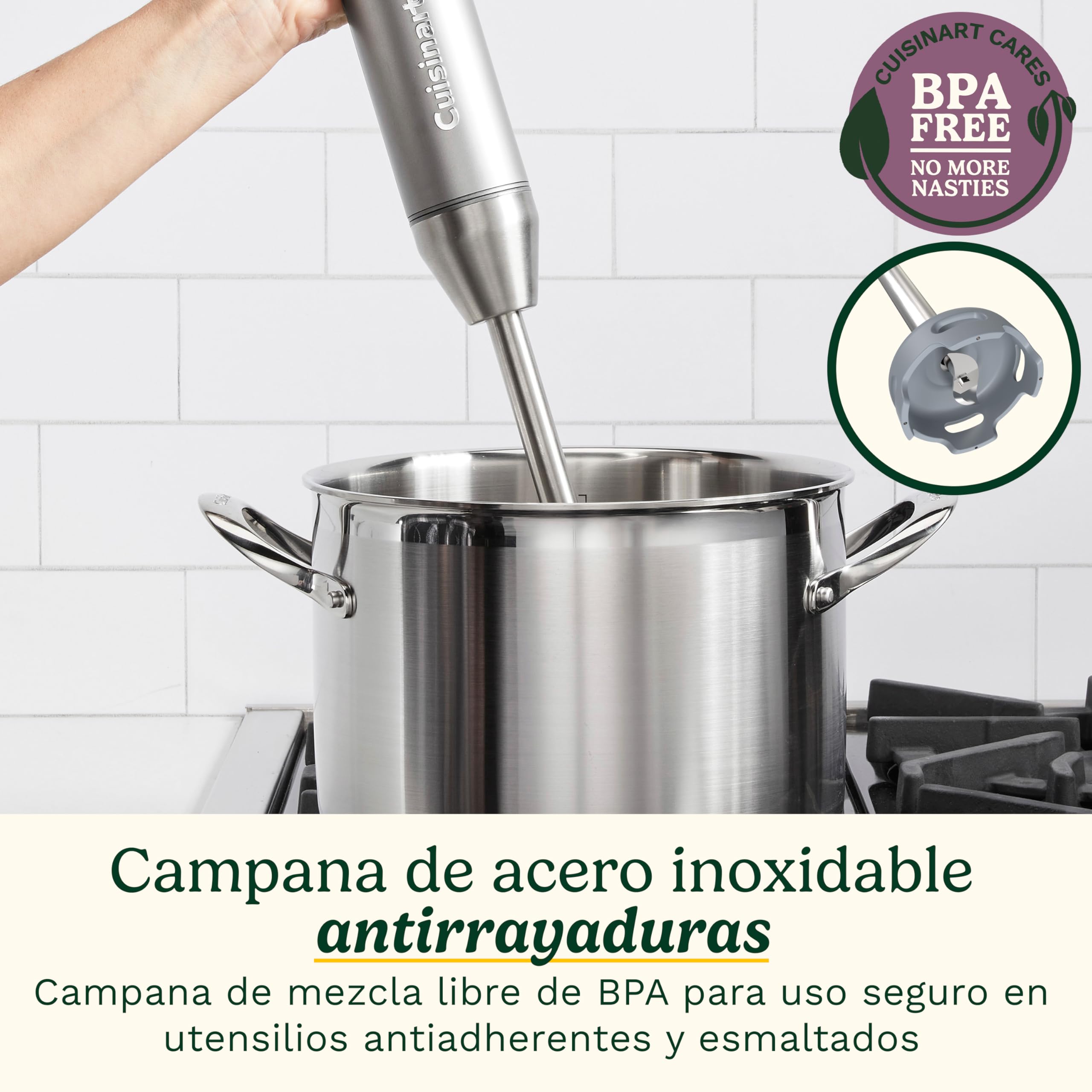 Cuisinart Power Blend batidora de inmersión 400 W con velocidad variable, cuchilla de acero inoxidable, campana antirrayaduras sin BPA, bol procesador, batidor y recipiente Prep-and-Go.
