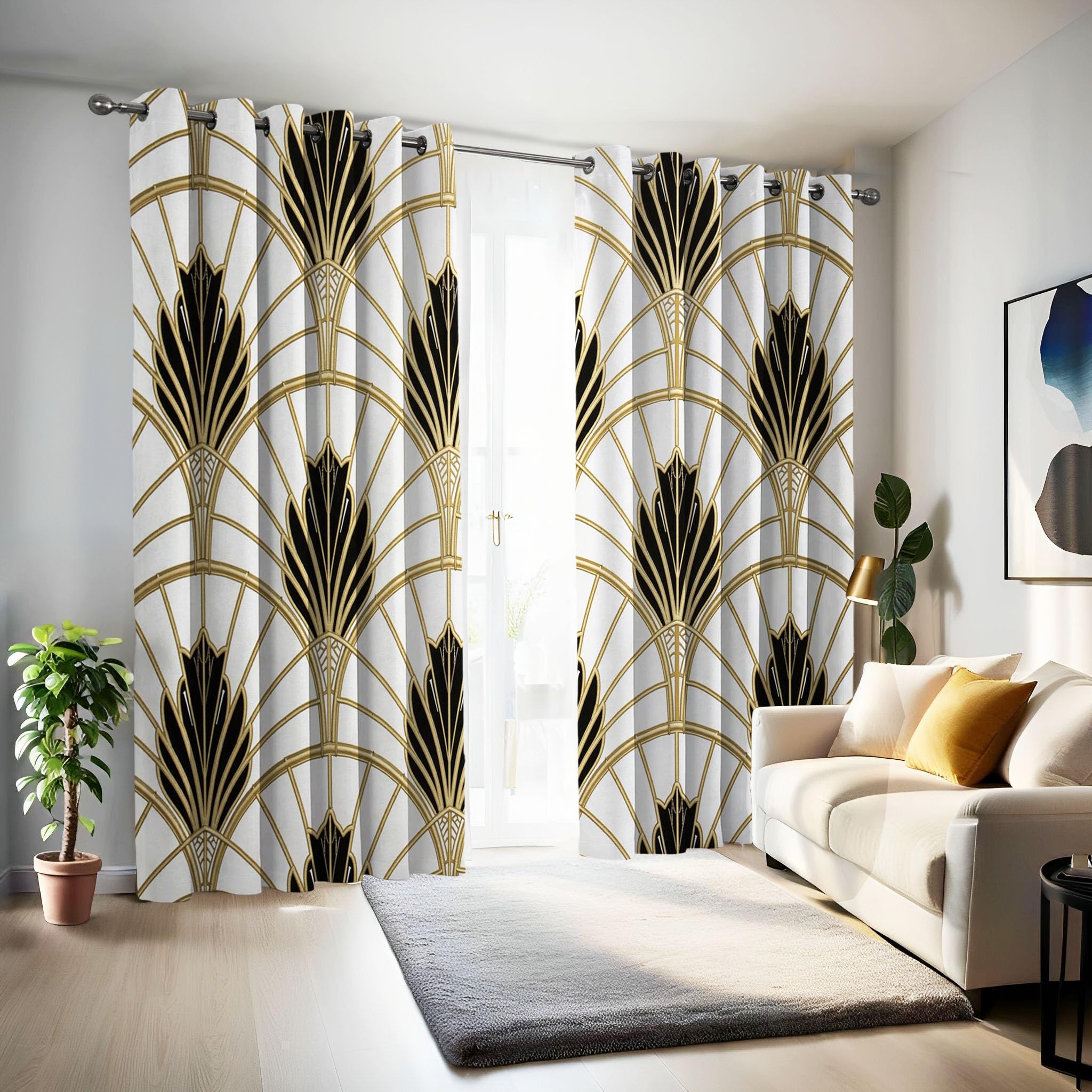 Verdunklungsvorhänge 2er Set - Retro-Luxus-Fächerform Thermovorhang - Art Deco Vorhang Blickdicht mit Ösen - Lärmschutzvorhang Gardinenschals - H220 x B140 cm, Gold