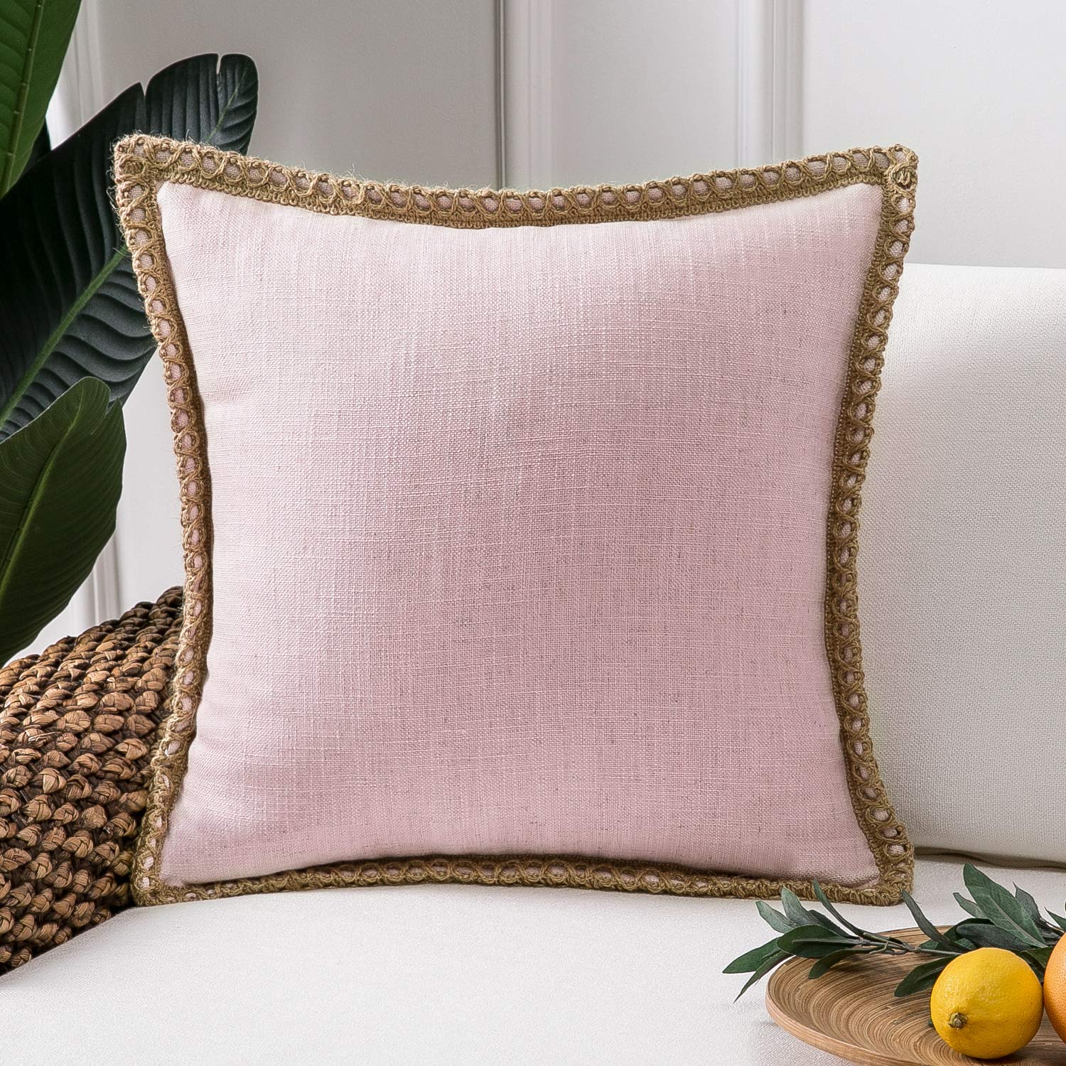 Phantoscope Farmhouse Decorative Throw Pillow Cover Burlap Linen Trimmed Tailored Edges Outdoor Pillow Light Pink 18 x 18 inches, 45 x 45 cm
