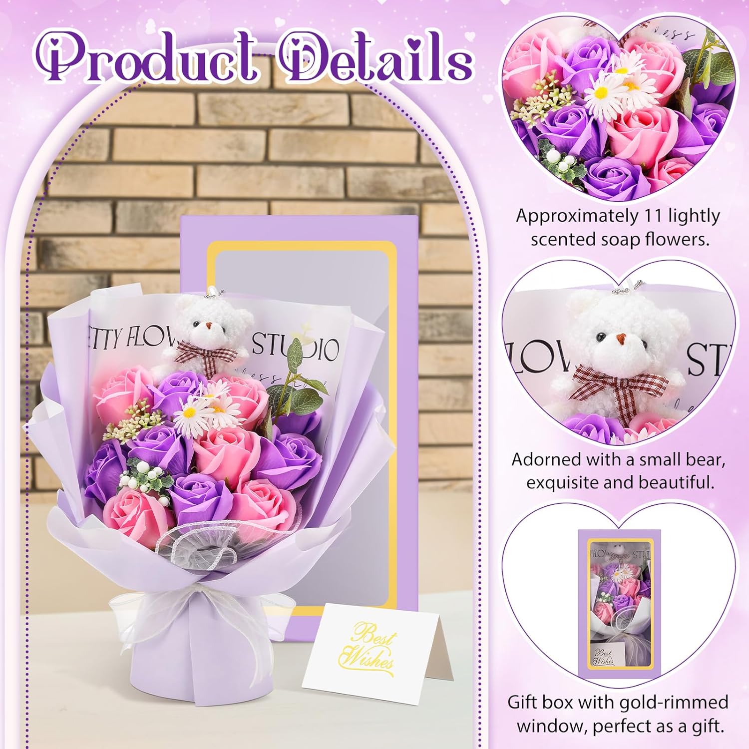 Suncalla Mother's Day Rose Flowers Bouquet with Bear and Gift Box 11 Scented Soap Flowers Artificial Rose Bouquet for Women Mom Birthday Anniversary Wedding Gift, 12.6 x 7.1 Inches(Purple)