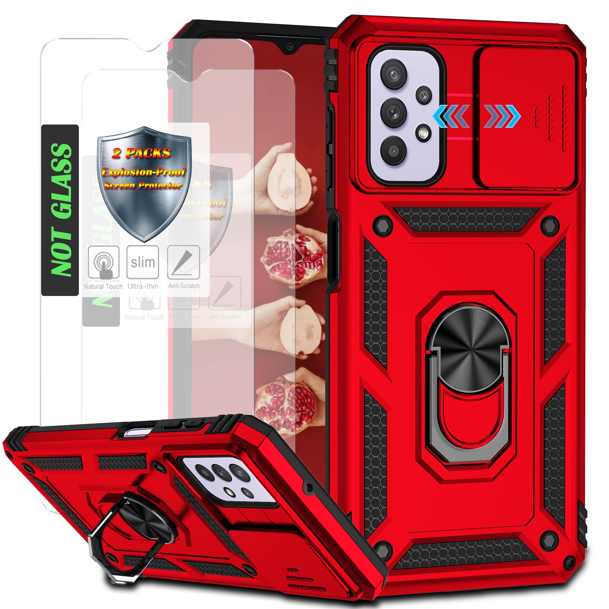 AYMECL for Galaxy A32 5G Case,with Slide Camera Cover & [2 Packs] Explosion-Proof flim,Built-in 360° Rotate Ring Stand Magnetic Cover Case for Galaxy