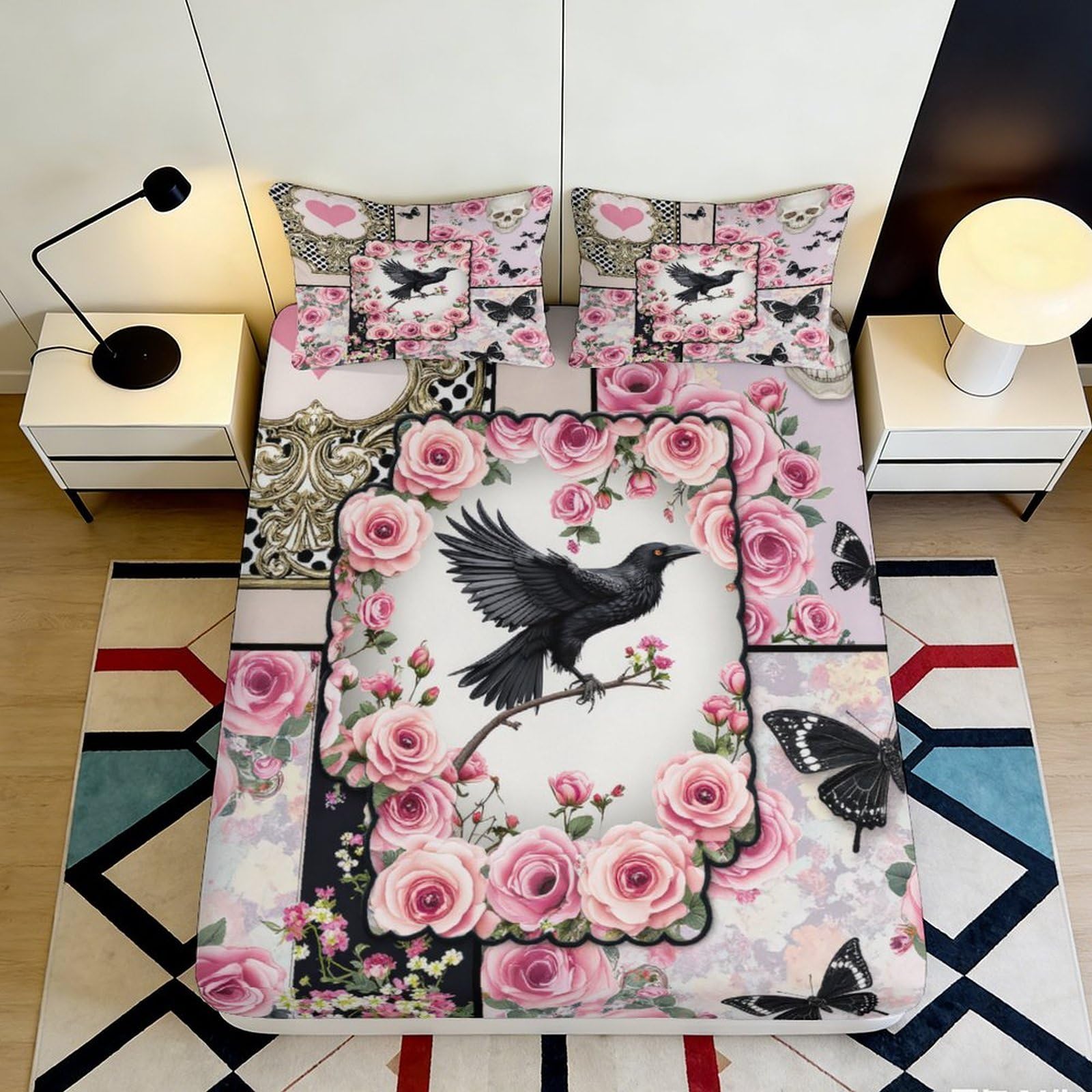 3D Printed floral raven Fitted Sheet, Microfiber soft touch, bedroom decor, durable, guest room bedding, easy care, dustproof 90x200x25cm