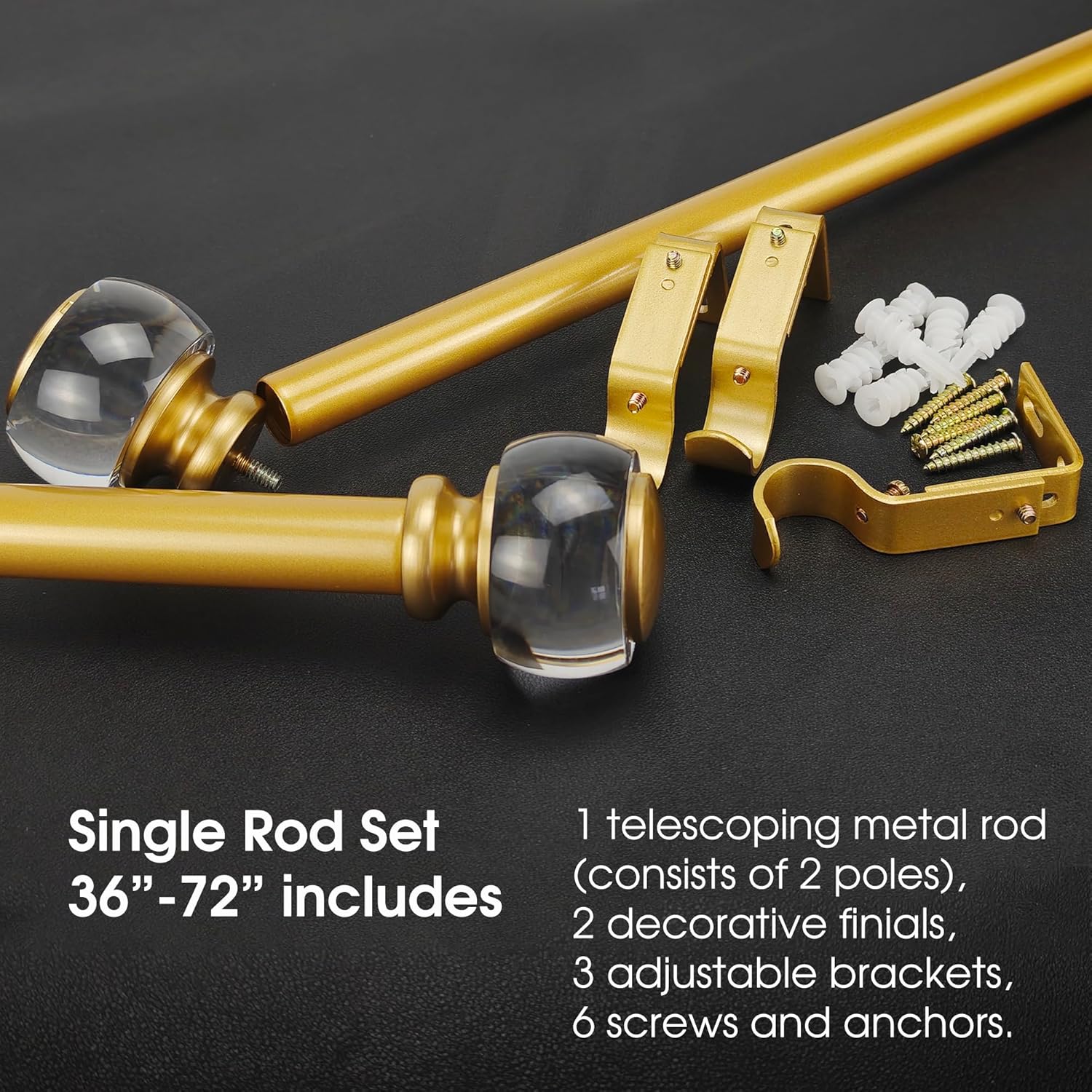 Adjustable 36-72'' Warm Gold Curtain Rods for Windows 24-68'', 1'' Diameter Heavy Duty Window Drapery Rod with Acrylic Knob Finials, Single Decorative Window Treatment Rod, Easy Install