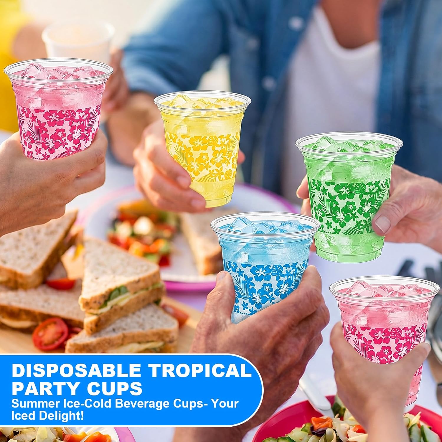 Geyoga 100 Pcs Hawaii Plastic Party Cups 12 oz Disposable Clear Summer Flower Cups Bulk Birthday Party Supplies for Cold Juice Beverage Holiday Favor