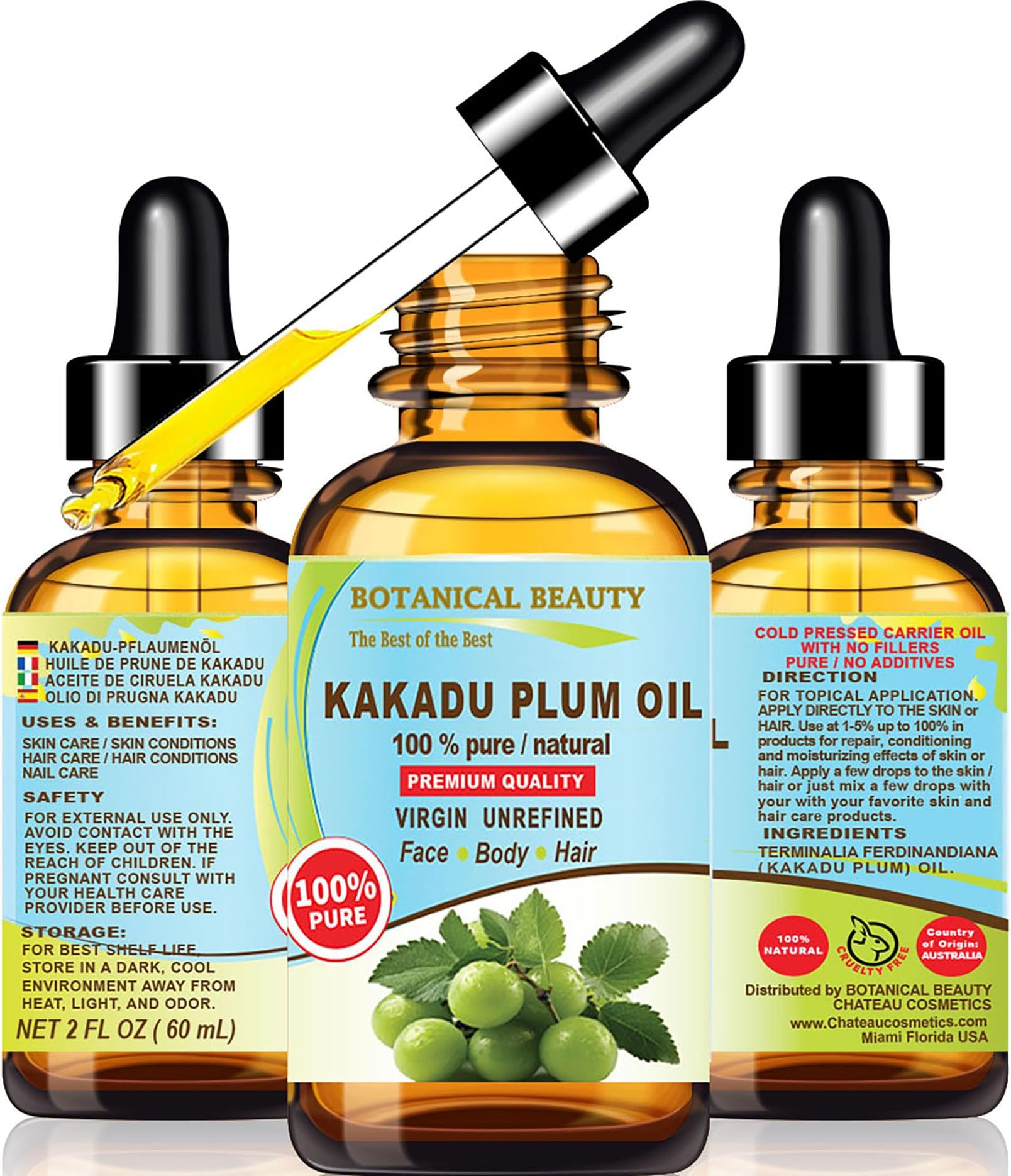 Botanical Beauty Australian KAKADU PLUM OIL 100% Pure Natural Virgin Unrefined Cold-pressed carrier oil 1 Fl oz 30 ml For Face, Skin, Body, Hair, Lip, Nails