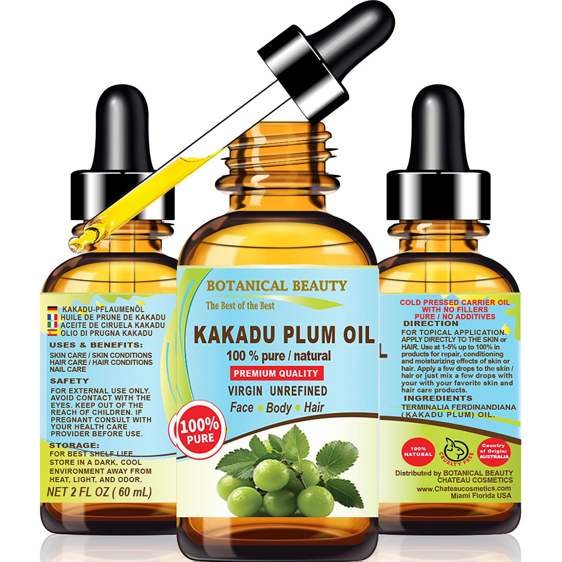 Botanical Beauty Australian KAKADU PLUM OIL 100% Pure Natural Virgin Unrefined Cold-pressed carrier oil 1 Fl oz 30 ml For Face, Skin, Body, Hair, Lip, Nails