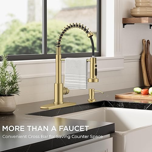 Miniatura 7 de FORIOUS Grifo de fregadero de cocina con pulverizador, grifo de barra de acero inoxidable dorado de una sola manija, grifo extraíble para fregadero