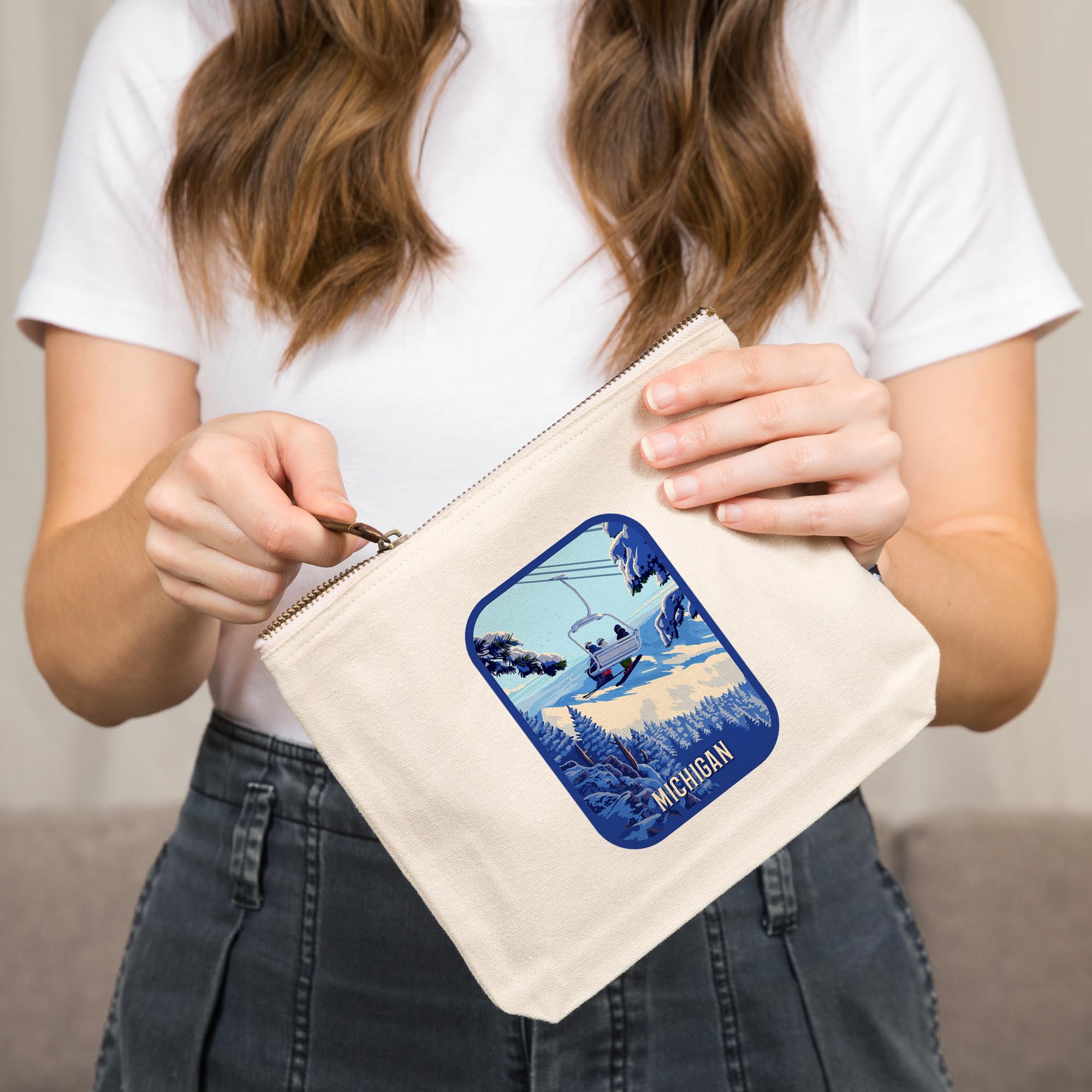 Lantern Press Michigan, Ski Lift Above The Trees, 100% Cotton Zipper Pouch, Travel Accessory, Go Bag