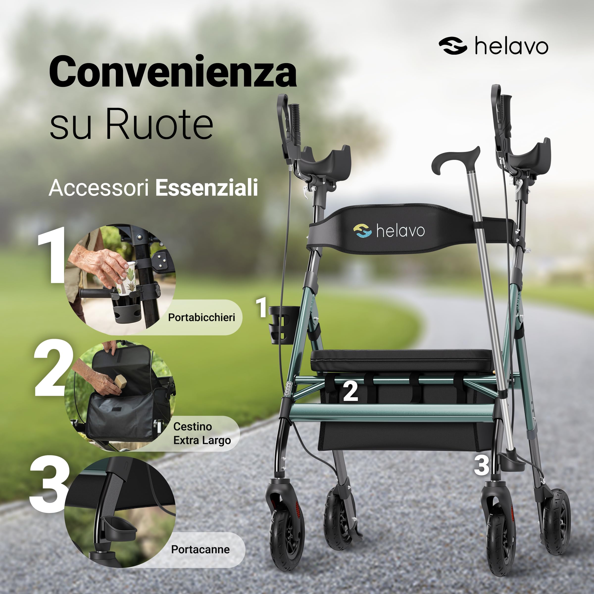 Helavo Deambulatore Antibrachiale Bariatrico per Anziani con Ruote 8" Antiforatura - Deambulatore Alto con Seduta Larga Pieghevole - Rollator Extra Large con Appoggio Avambracci - Portata 226 kg H1360