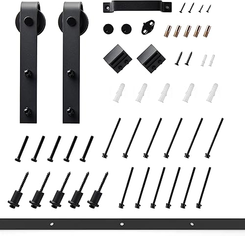 Miniatura 7 de BARNER HOME Puerta corrediza de granero de 30 x 84 pulgadas, MDF, imprimada, 5 paneles de vidrio, necesita montar, con herrajes de 6.6 pies, mango y