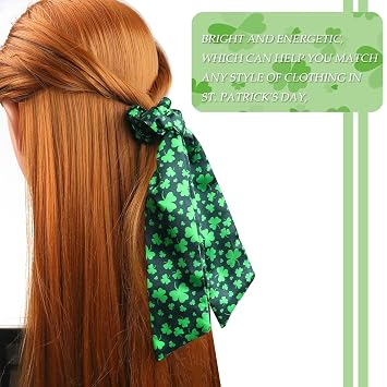 2PCS Green Shamrock Hair Ties for Women Girls, St Patrick's Day Hair Accessories for Thick Hair, Dark Green Clover Leaf Hair Ties, Long Tail Hair Ties Hair Cuff for Irish Day Parade Party