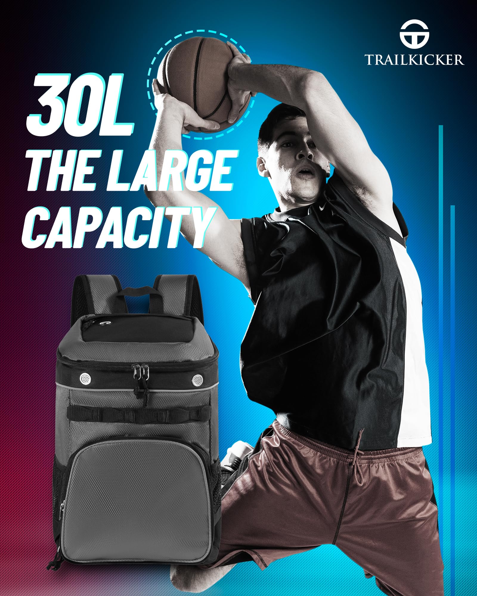 TRAILKICKER Sac à dos de basket-ball compartiment ordinateur portable avec sac à linge chaussures équipement sport plein air gym baseball football volley-ball