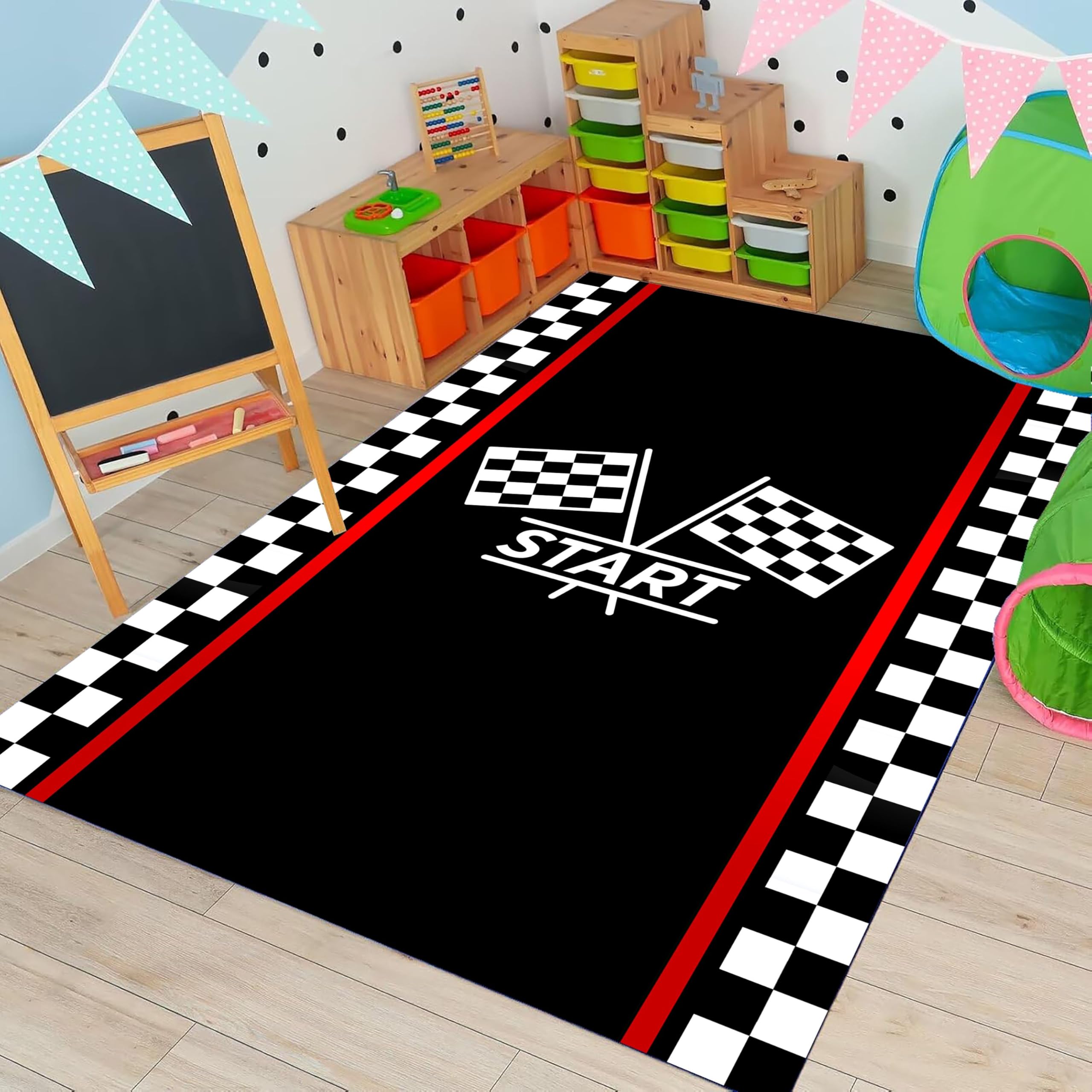 USHIRUG Kids Racetrack Area Rug, 80x150cm Cartoon Car Racing Game Washable Rugs, Indoor Non-Slip Low-Pile Carpet, Boy's Room Playroom Mat Soft Black and White Car Rugs for Living Rooms Bedrooms