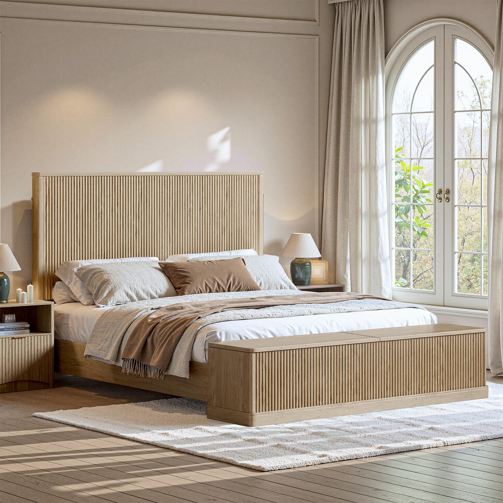 Evermagin Fluted Oak King Bed Frame with Storage Bench