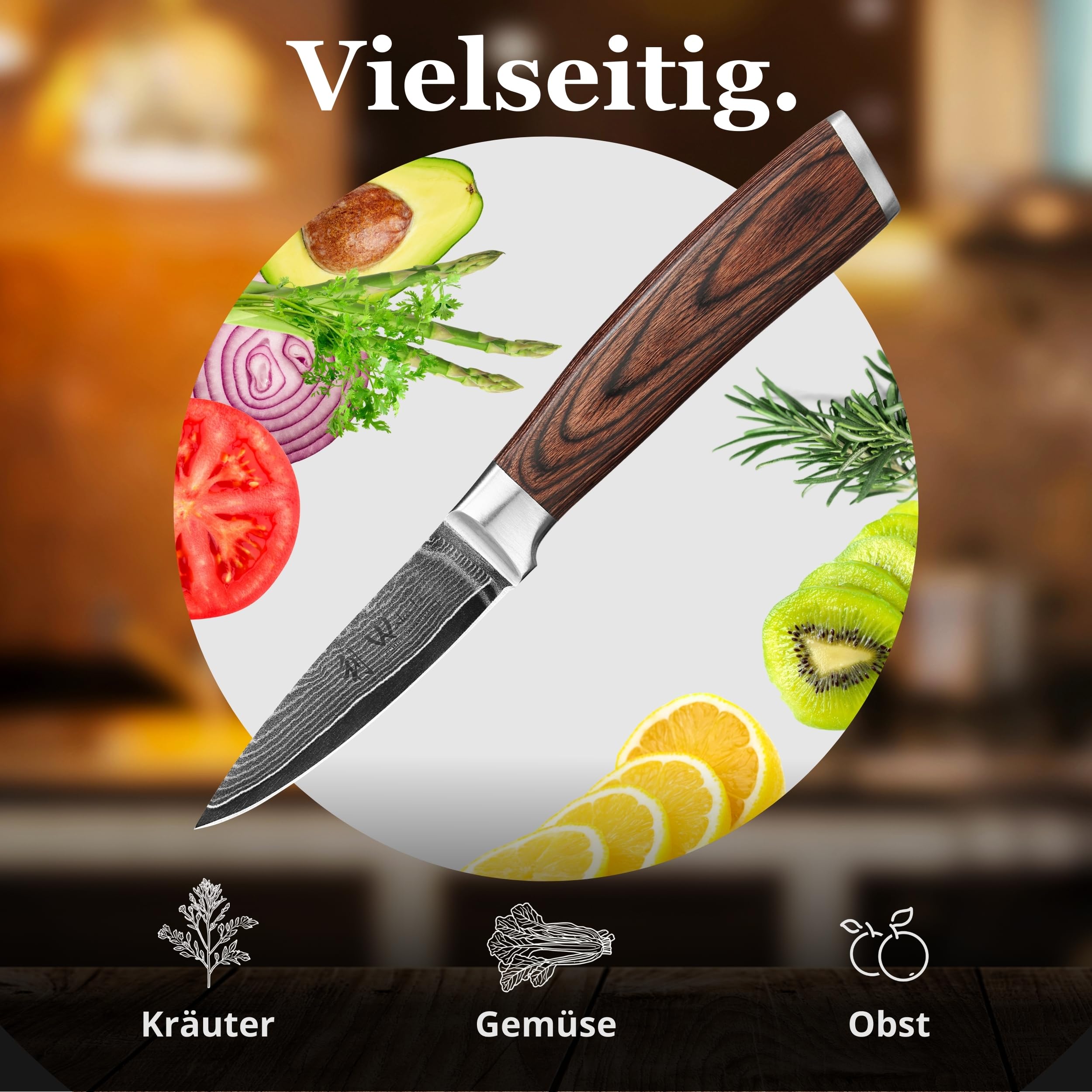 Wakoli EDIB Officemesser aus echtem Damaststahl (VG10 Kern) mit 8,5 cm Klinge – Scharf und handlich – Kleines Küchenmesser, Obstmesser & Gemüsemesser – Damastmesser mit Pakkaholzgriff in Geschenkbox