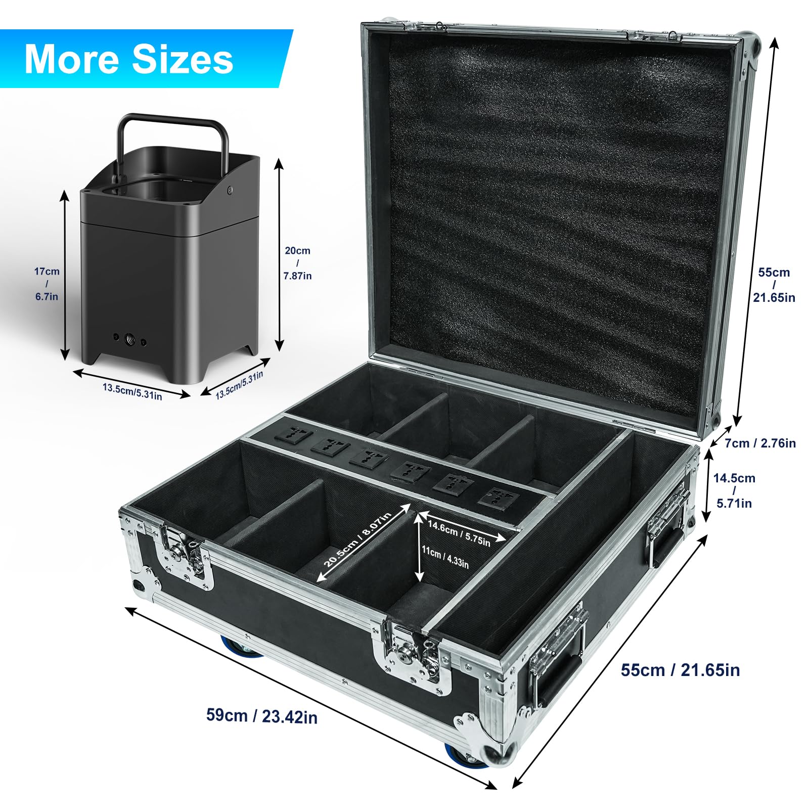 Wiederaufladbarer Flightcase für LED Par Akku, 6-in-1 RGBWA+UV Bühnenlicht | 9600mAh, App-Steuerung, LED-Scheinwerferakku, mit DMX und Fernbedienung, geeignet für Partys und Bars