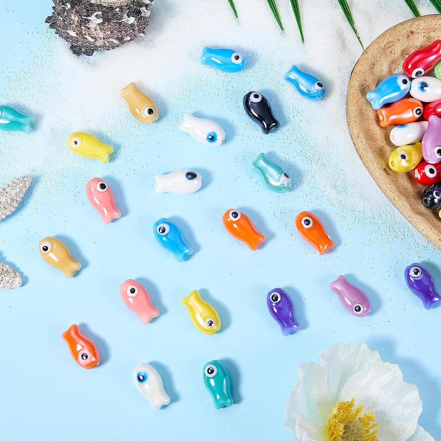 60Pcs Ceramic Fish Beads for Jewelry Making Cute Porcelain Beads Colorful Ocean Animal Bead for Bracelets Handmade Bright Color Glazed DIY Necklace Earrings Lanyards Jewelry
