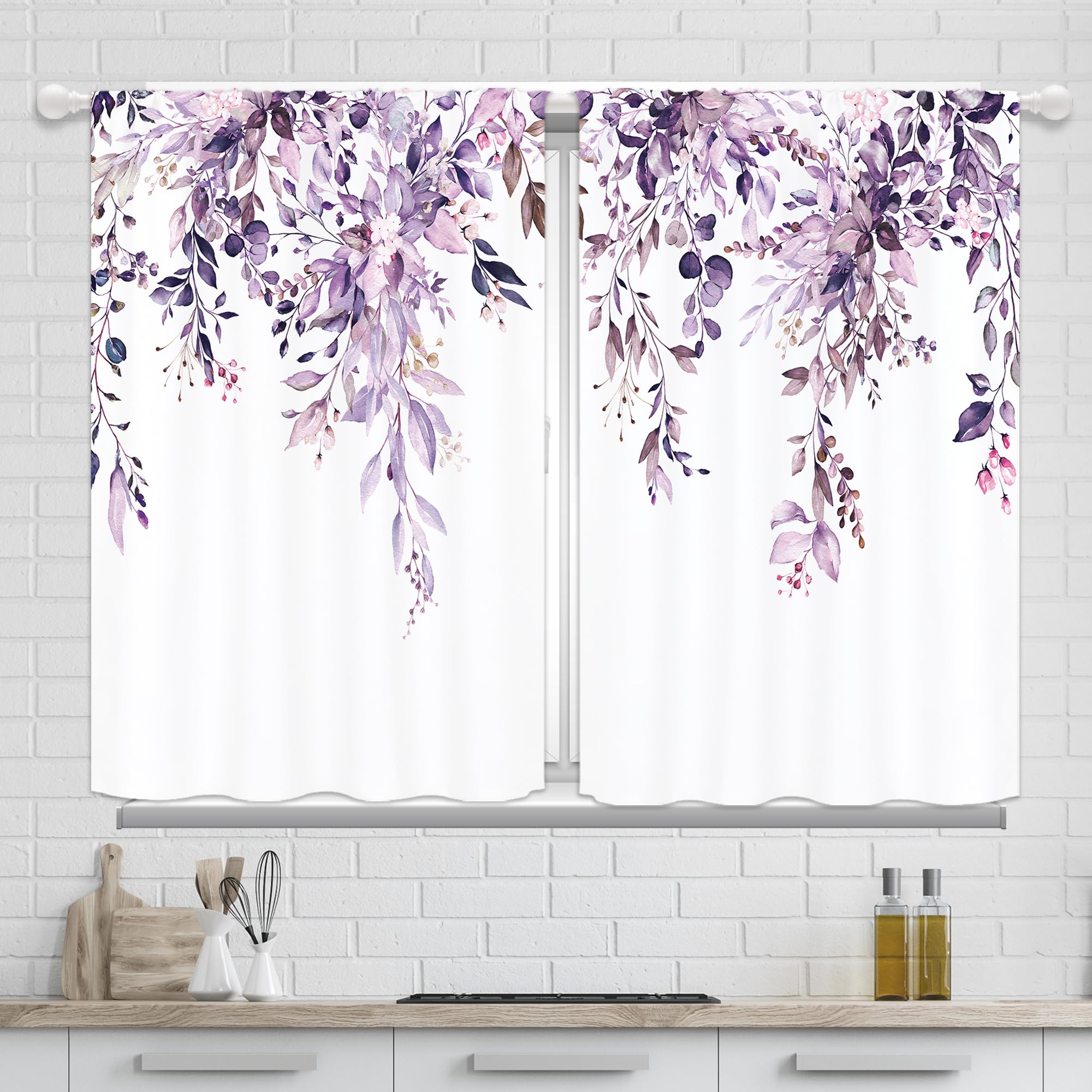 Amazon.com: Yorida Light Purple Eucalyptus Kitchen Curtains, Lavender ...