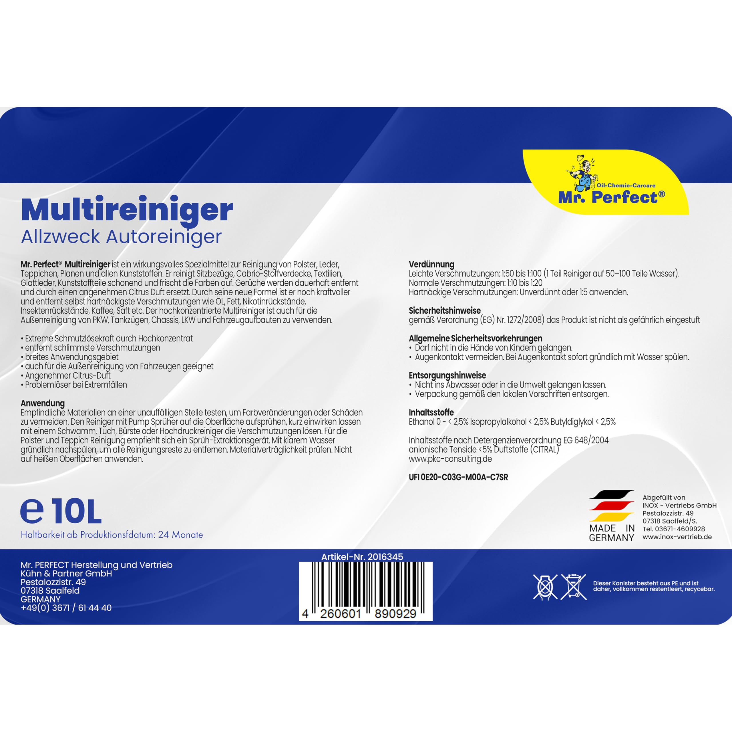 Mr. Perfect - Multi Star Multireiniger 10L Konzentrat - Polsterreiniger, Teppichreiniger, Textilreiniger, Kunststoffreiniger und Autoinnenreiniger - Autoreinigung Innen & Außen