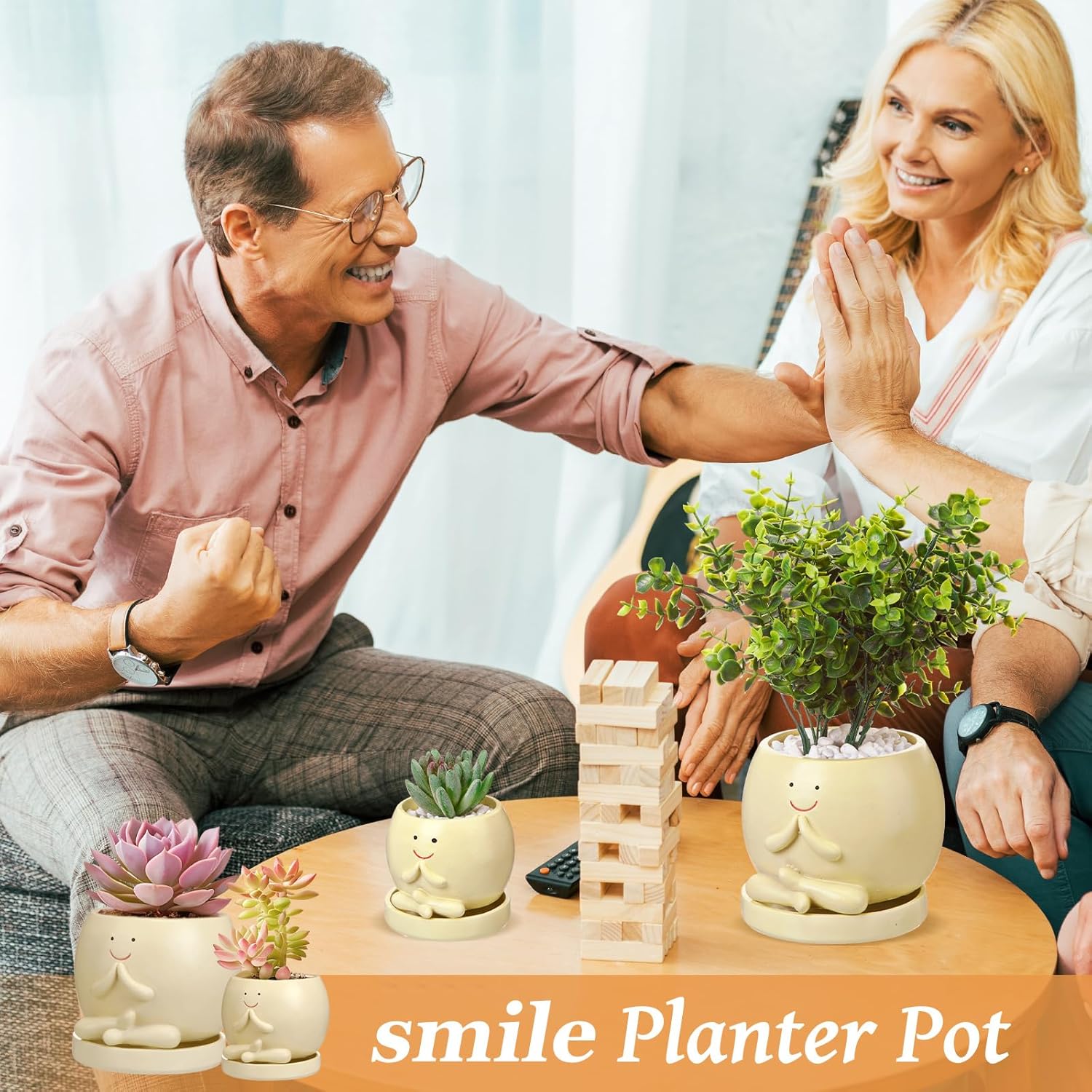 SiliFine 2 Pcs Smile Face Planters Pots with Drainage Hole, 6'' Head Planters 3.6'' Cute Resin Flower Pot for Indoor Plants, Succulent Pots for Plant Lover Gift(Yoga)