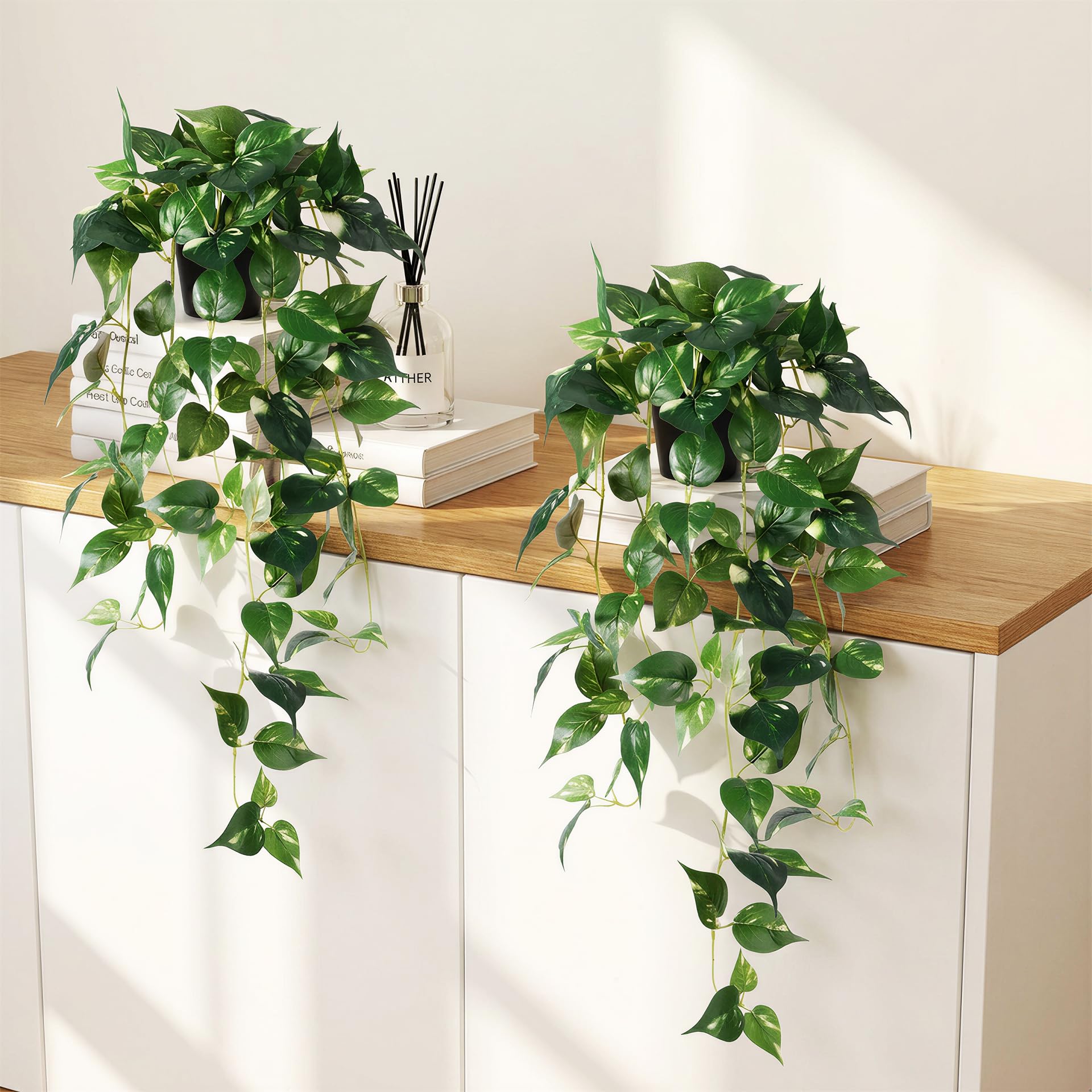 Photo 1 of REIMUCO Artificial Hanging Plants with Pots - 33" Fake Pothos Silk Greenery for Indoor Outdoor, Realistic Faux Plants Potted for Shelves Bedroom Bathroom Trailing Plant, Dark Green 2 Pack
