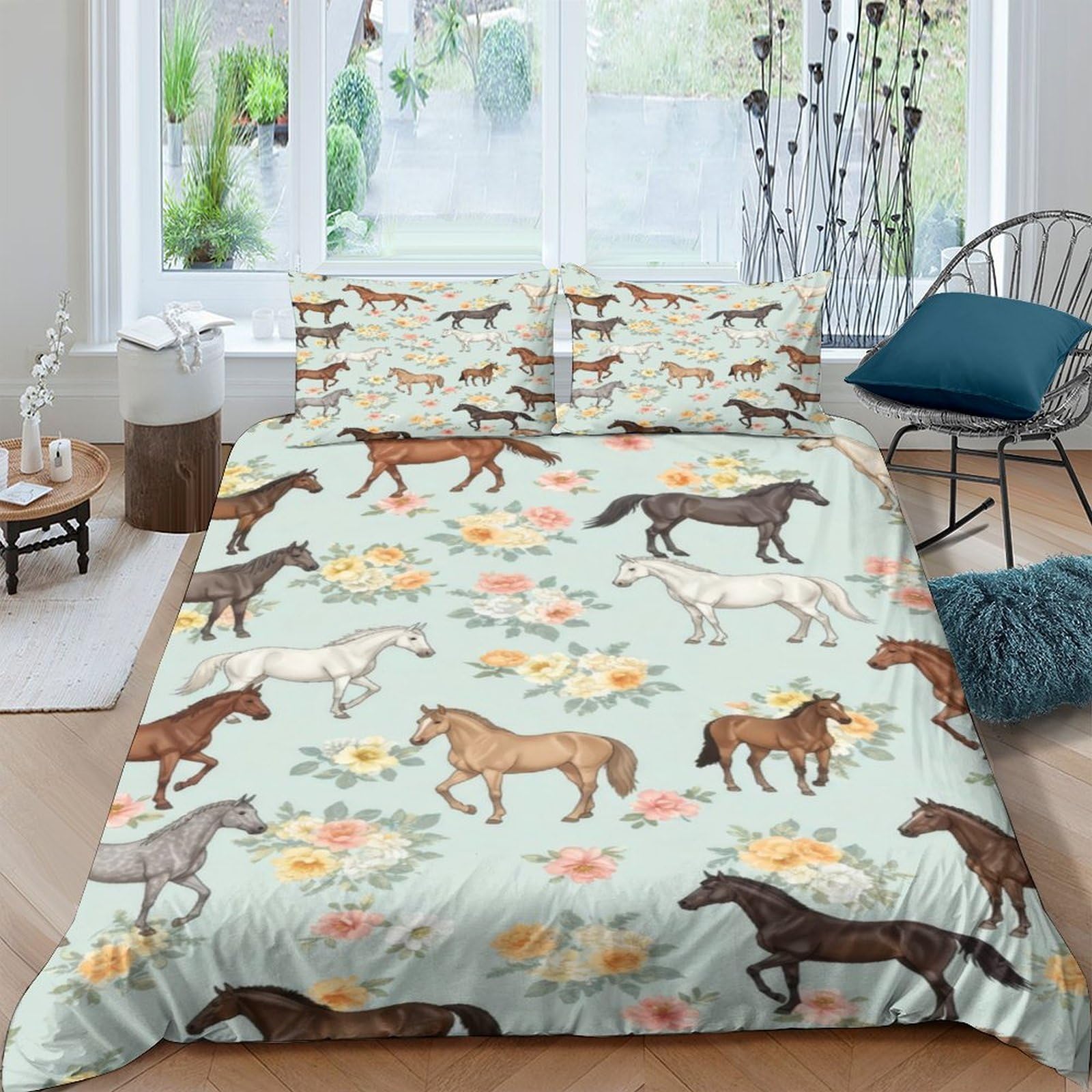 Ctjqhvkz Style-4 3D Printed Horse Meadow Fitted Sheet Microfiber Soft Floral Wild Horses Mattress Cover For Bedroom Guest Room Decor Single（135X200cm）