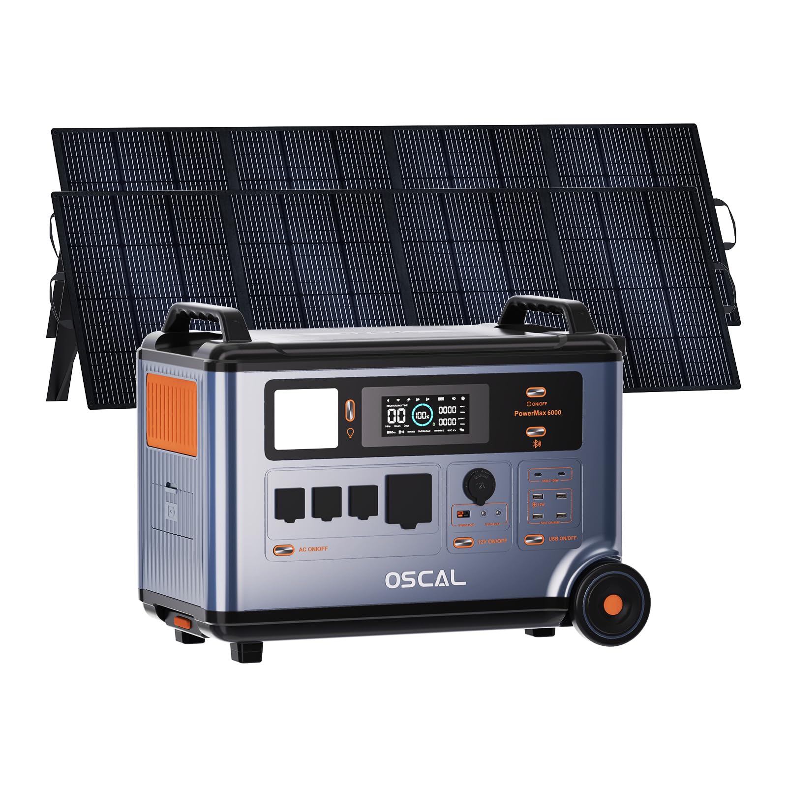 OSCAL 6000W Solar Generator(2025 New),120V/240V Split Phase Voltage Portable Power Station PowerMax 6000 With 2×400W Panel, 6000w AC Output (9000W