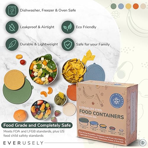 Miniatura 3 de Everusely Contenedores de acero inoxidable con tapas, Contenedores de almuerzo de acero inoxidable a prueba de fugas, Contenedores de alimentos de
