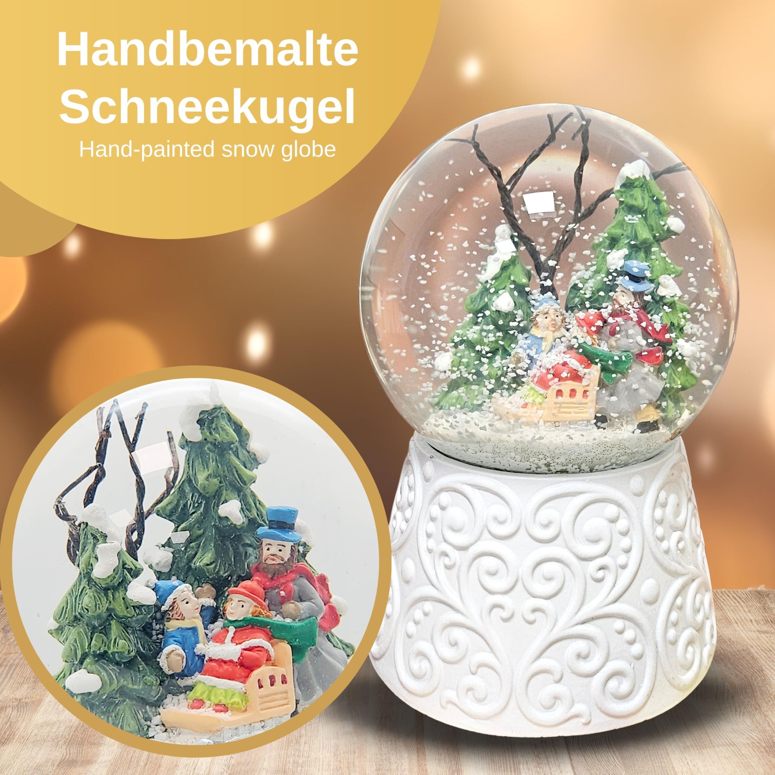 Schneekugel Weihnachten mit Musik | Winterspaziergang mit Familie | Sockel weiß Nostalgie | H: 14cm B: 10 cm | Schüttelkugel Weihnachten Winter mit Spieluhr | 20150
