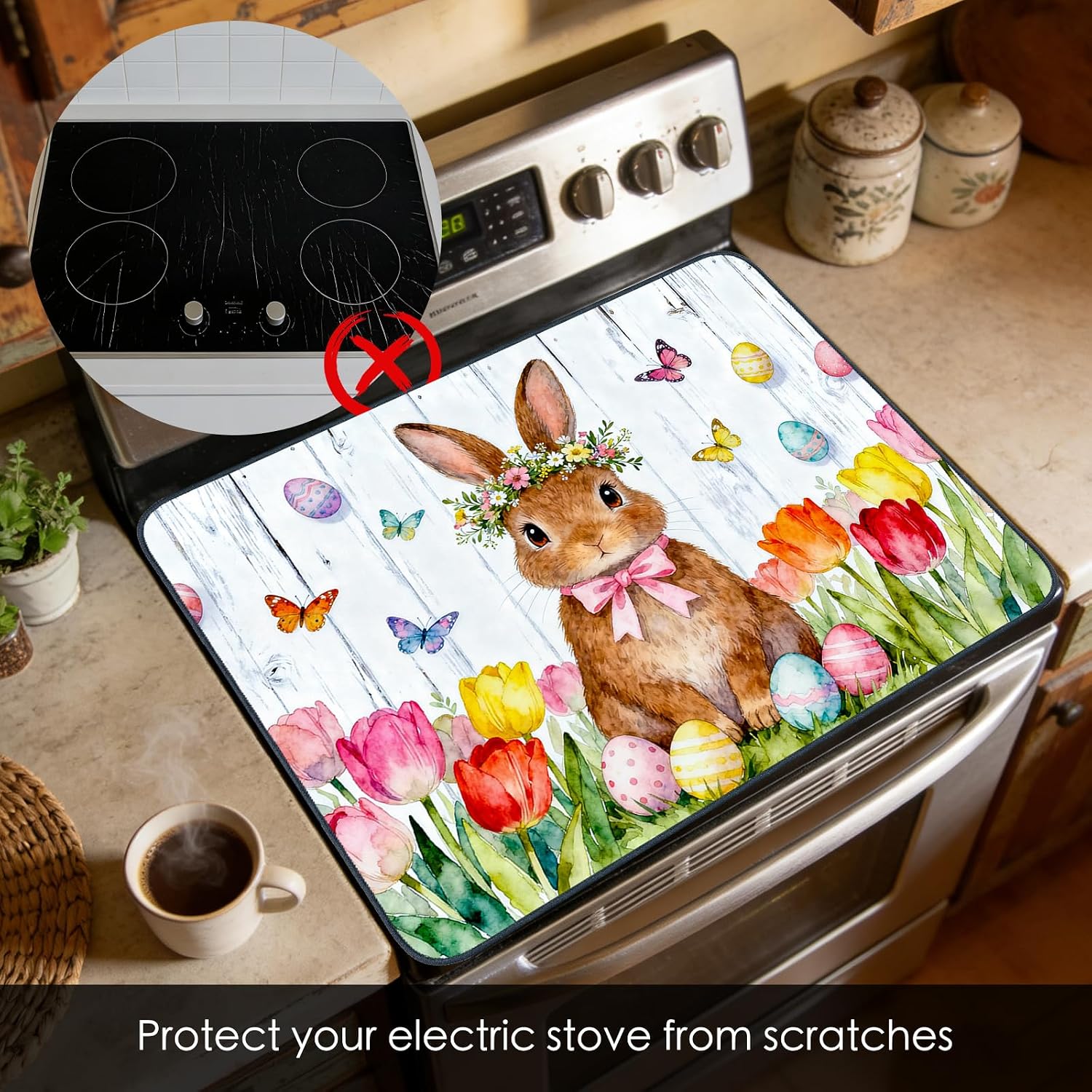 Nuxovilar Stove Top Cover Glass Stove Top Cover Protector Watercolor Rabbit Tulip Pattern Polyester Diatomaceous Earth 28.65x20.47Inch Kitchen Countertop Home Decoration