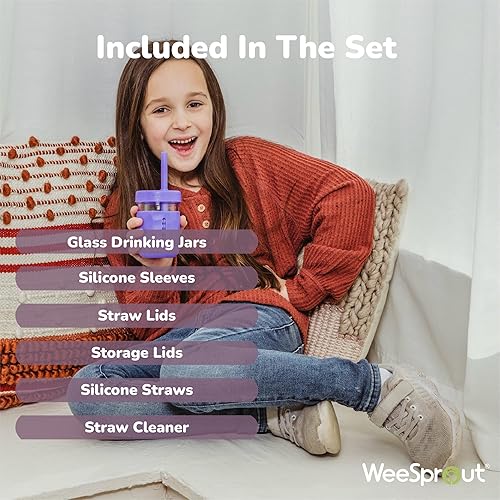 Miniatura 3 de WeeSprout Vasos de vidrio con tapas y pajitas, tarros de batidos resistentes a derrames para niños pequeños y niños, almacenamiento de alimentos