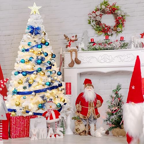 Miniatura 7 de POWERSTONE Árbol de Navidad blanco de 7 pies, pino artificial con bisagras, decoración de fiestas en interiores y exteriores, con 950 puntas de