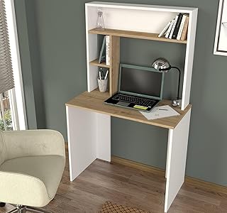 DORPEK Ferano Study Desk White - Sapphire, 3 Tier Bookcase Writing Desk, Small Computer Table, Laptop and Study Table, 3 Open Storage Shelves, Office, Study Room, Living Room