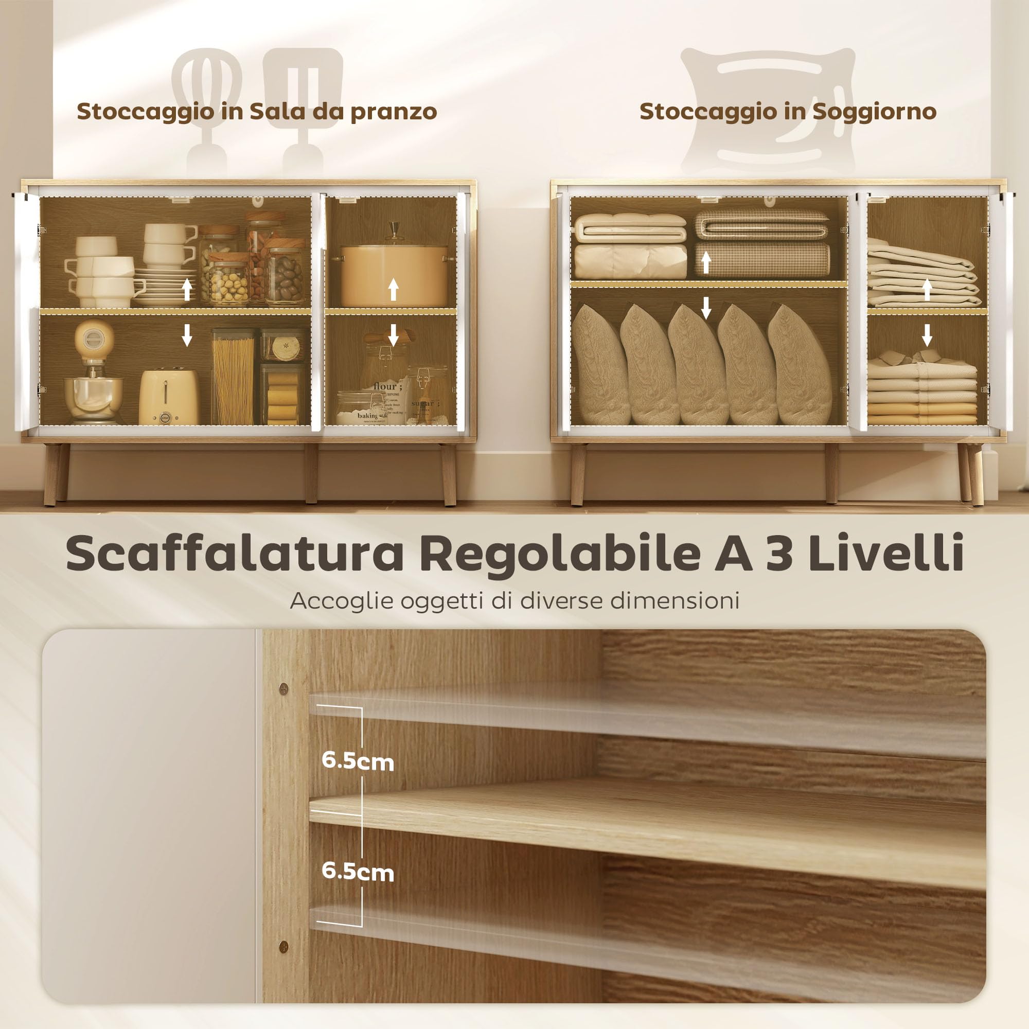 HOMCOM Credenza Cucina con 3 Ante, Mobile Cucina Moderno con Ripiano Regolabile e Piedi in Legno, Credenza Buffet per Soggiorno, Sala da Pranzo e Salotto, 107x35x77 cm, Bianco Lucido e Rovere